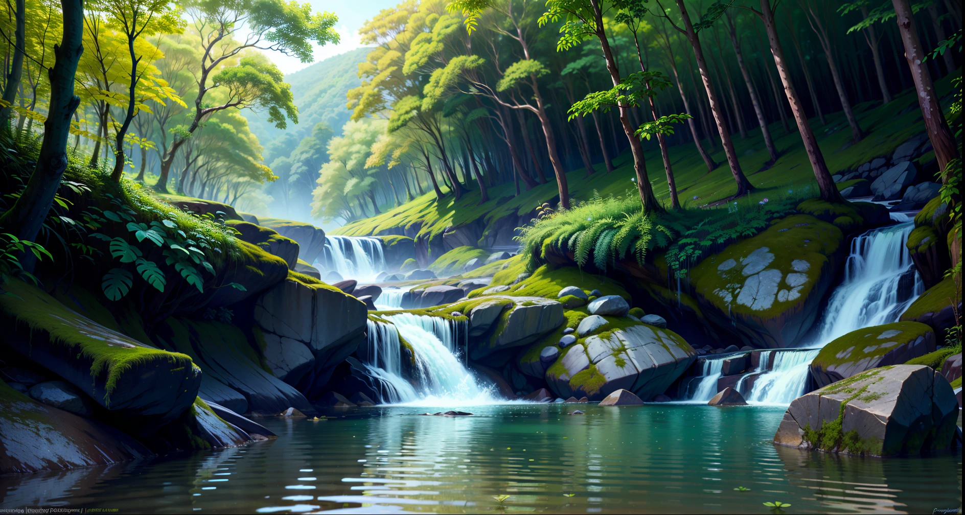 (uma paisagem surrealista, cores vibrantes), uma cena animada, no fundo da floresta, água cristalina, folhagem densa, focalizado cachoeira, com profundidade de campo limitada.