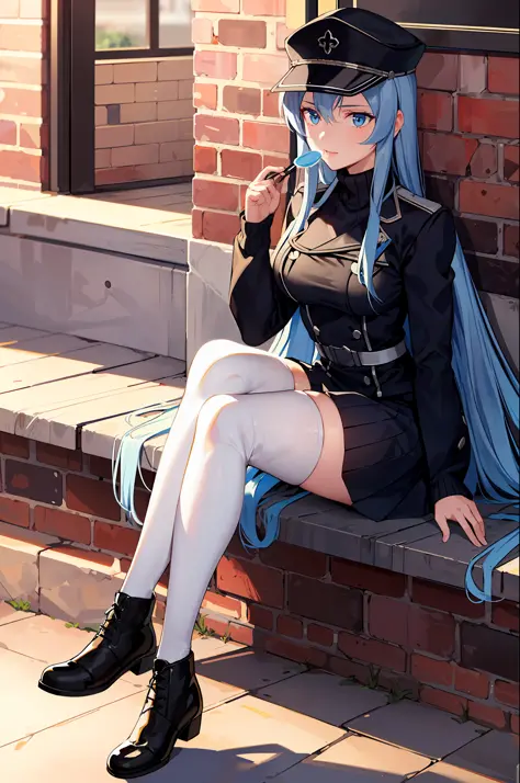 (Masterpiece), (Best Quality),A high resolution, Ultra Detailed, esdeath, Long hair ,Blue hair, blue eyes, peaked cap, detailed ...