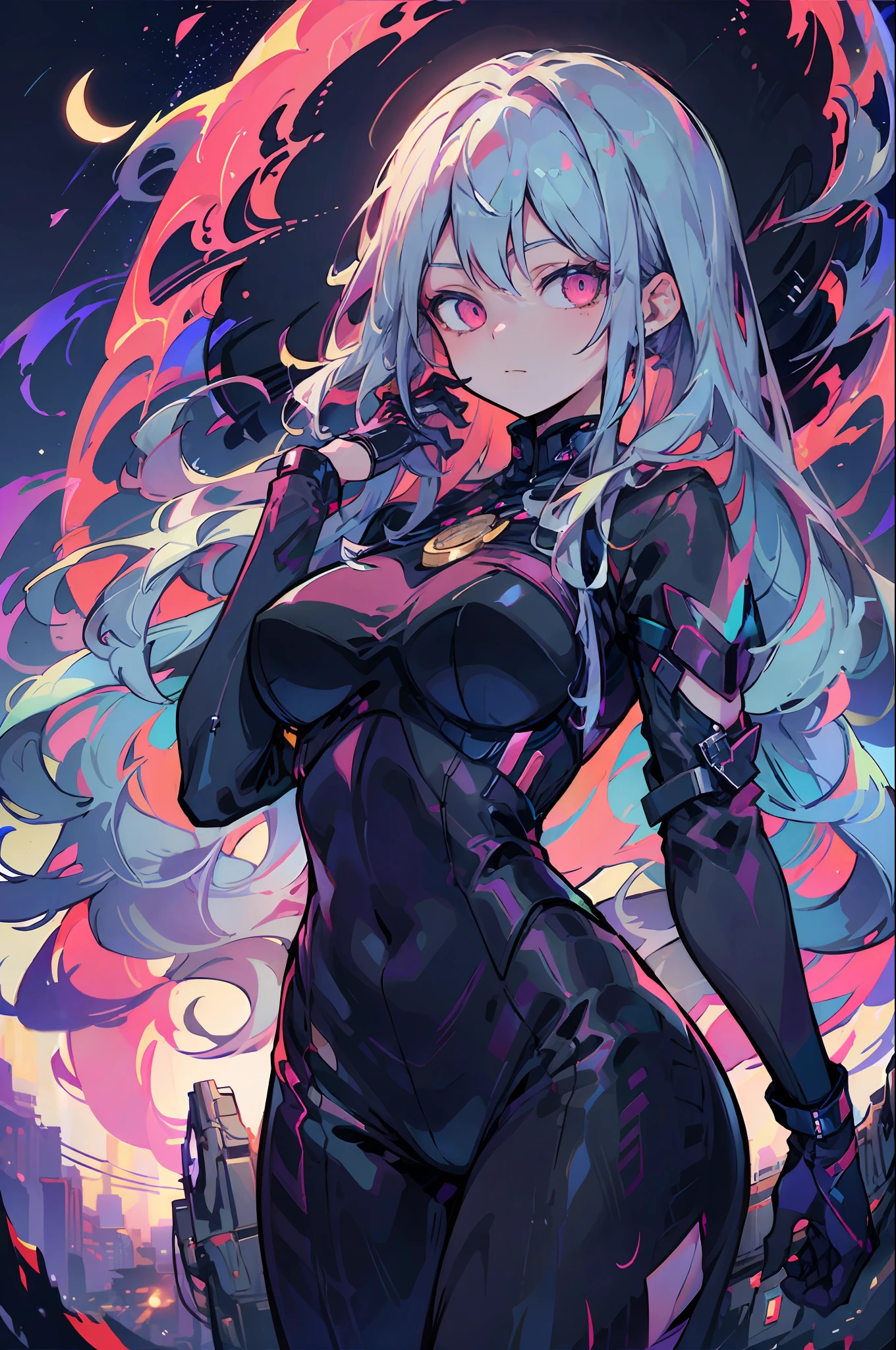 「(a masterpiece of))、Better Quality、Ultra-detailed details、Realistic high-resolution illustrations、Black clothes and magenta、Moonlight reflected on her body、Starry Night、With a subtle light that illuminates the metropolis around him、Majestic depiction of urban witches。」Akame　qipao　has silver hair