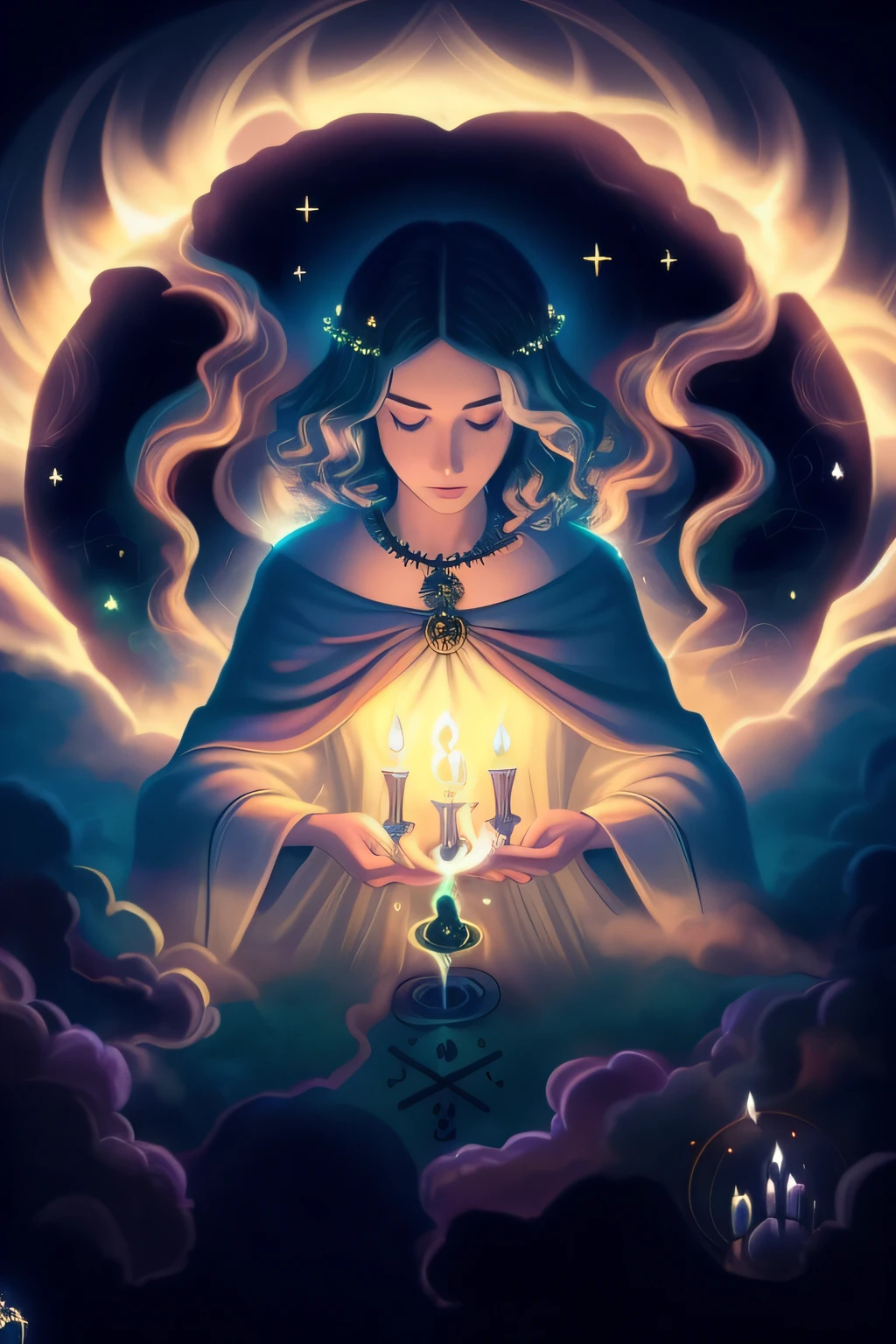 a woman holding a candle in her hands with a glowing light, holy fire spell art, holy flame spell, priestess, hecate, high priestess, hecate goddess, spell casting, jen bartel, the high priestess, beautiful celestial mage, casting a protection spell, goddess of light, spell casting wizard, casting a powerful spell