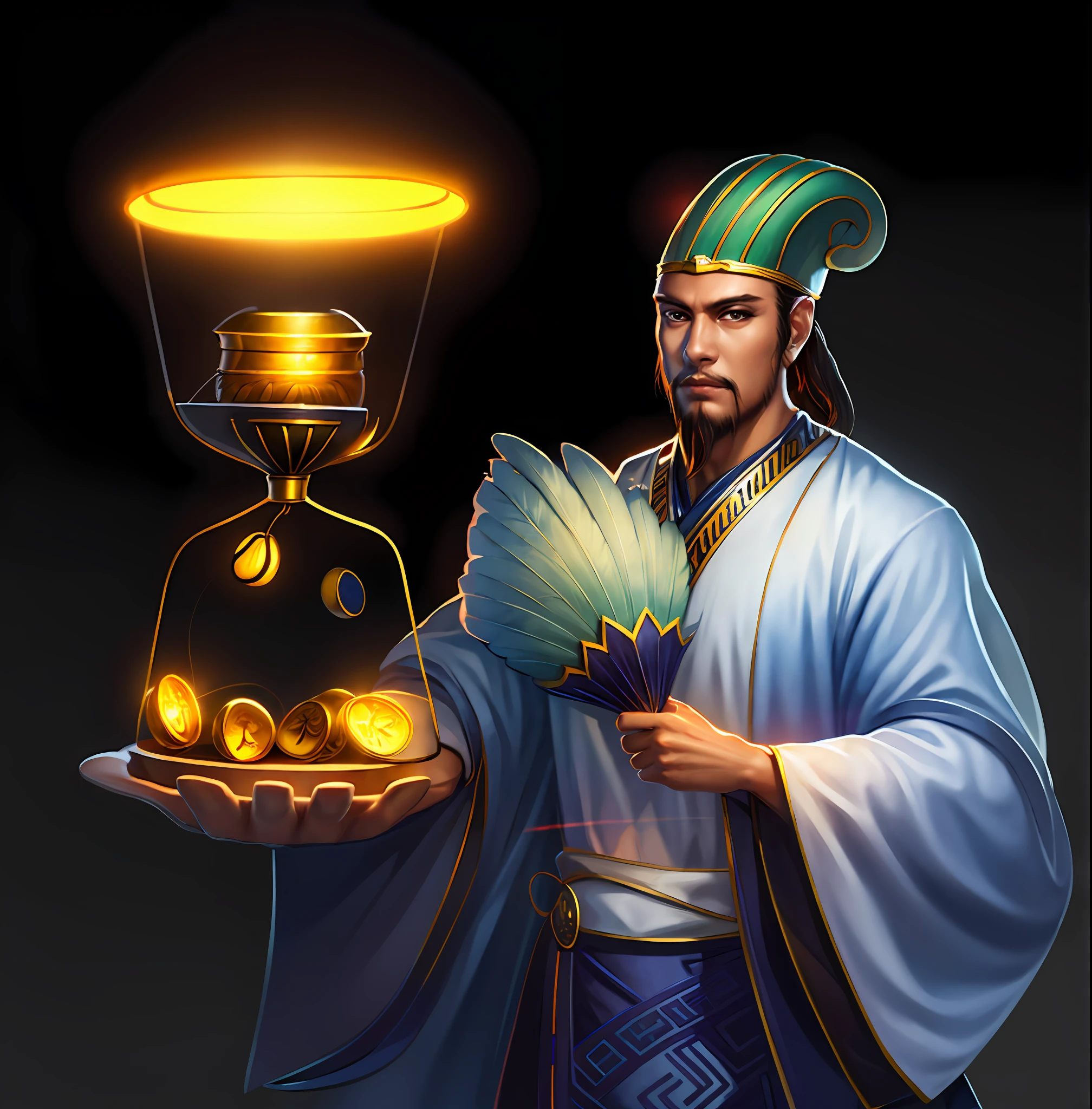 1boy,(8k,Best Picture Quality,a masterpiece of:1.4),final fantasy,(fantasy),(lamplight),solo,white chinese chat,chinese clothes,(handle Feather Fan),There are gold coins in the hourglass on the left，On the right side holds a feather fan，usa ropa blanca
