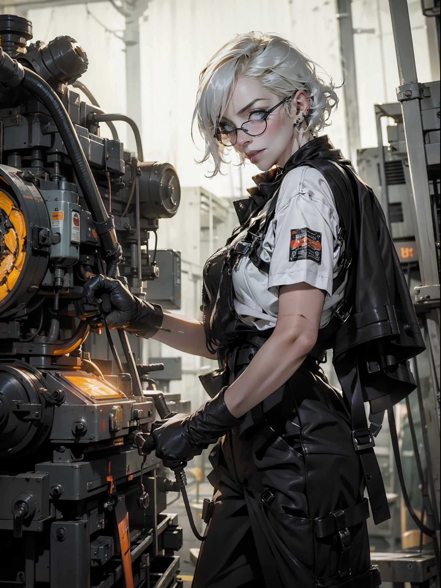 Nijistyle, short hair, NNLNNX, A muscular 35-year-old female welder working hard in a nearly naked steel industry in the Simon Bisley style, (( Welder's technological black glasses on the forehead )), Holding a blowtorch, fumando um charuto, charuto entre os dentes, She wears a bandana on her head and is working hard operating machines in the production of parts for robots, suada, pele molhada de suor, suja, cansada mas sorrindo, orange worker overalls with typographies, ((( cor de laranja ))), corpo perfeito, seios grandes com decote, ((( cabelo super curto loiro claro ))), ((( rosto adulto ))), ((( Annie Lennox ))), Minimum clothing, mostrando parte dos seios, decote invertido, Nijistyle, cena adulto, cena sensual, extremamente sexy