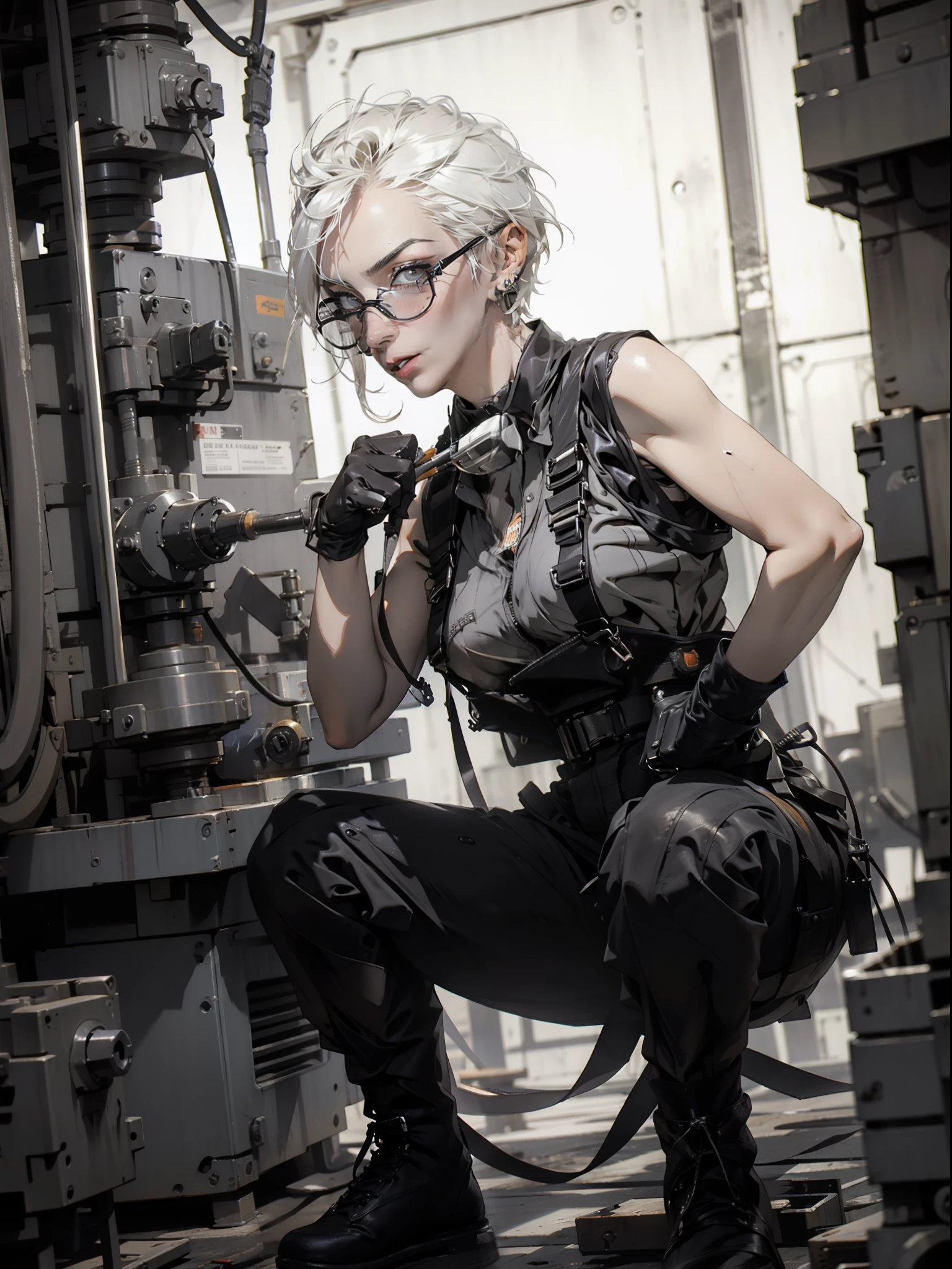 Nijistyle, short hair, NNLNNX, A muscular 35-year-old female welder working hard in a nearly naked steel industry in the Simon Bisley style, (( Welder's technological black glasses on the forehead )), Holding a blowtorch, fumando um charuto, charuto entre os dentes, She wears a bandana on her head and is working hard operating machines in the production of parts for robots, suada, pele molhada de suor, suja, cansada mas sorrindo, orange worker overalls with typographies, ((( cor de laranja ))), corpo perfeito, seios grandes com decote, ((( cabelo super curto loiro claro ))), ((( rosto adulto ))), ((( Annie Lennox ))), Minimum clothing, mostrando parte dos seios, decote invertido, Nijistyle, cena adulto, cena sensual, extremamente sexy