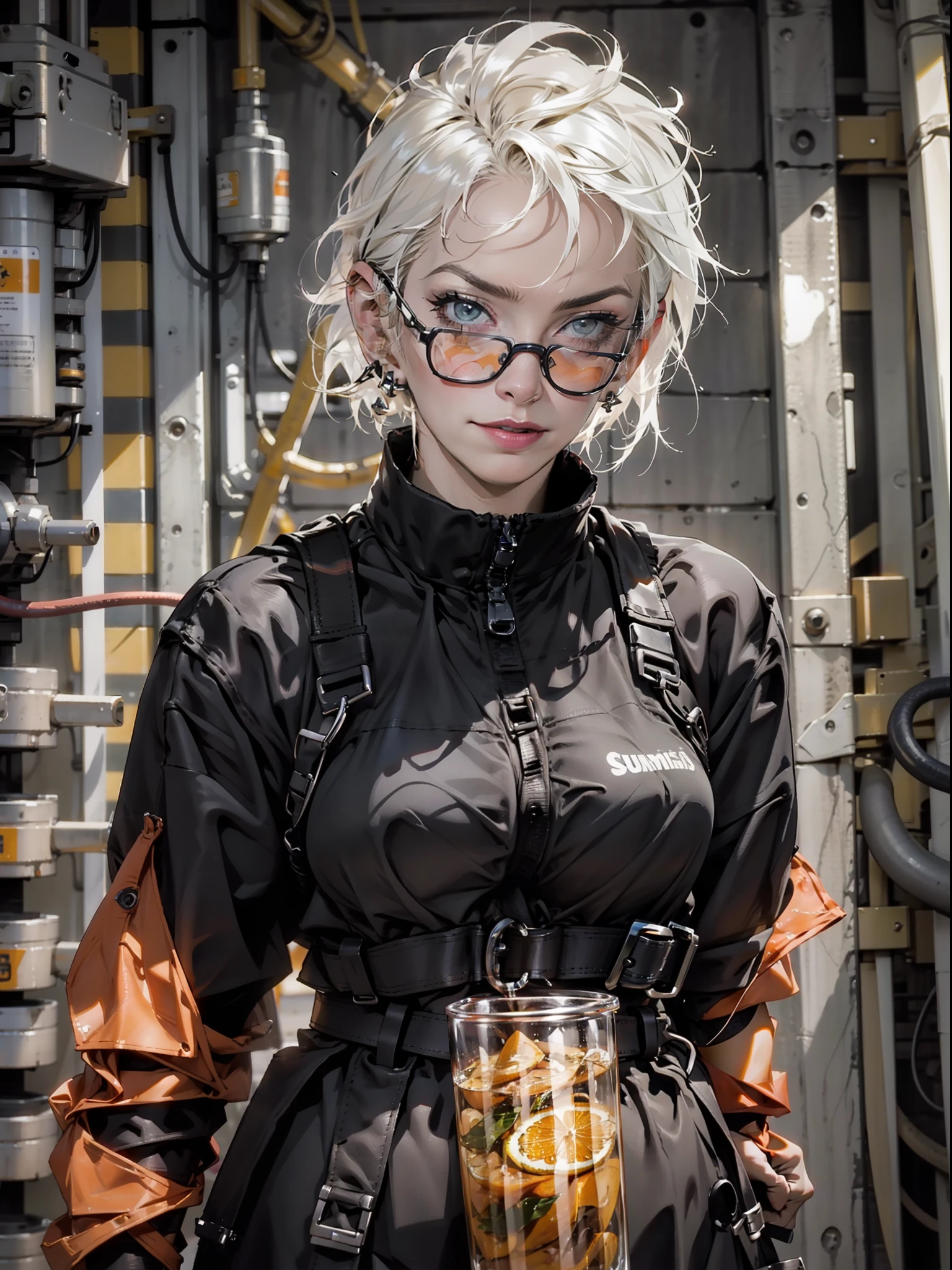 Nijistyle, short hair, NNLNNX, A muscular 35-year-old female welder working hard in a nearly naked steel industry in the Simon Bisley style, (( Welder's technological black glasses on the forehead )), Holding a blowtorch, fumando um charuto, charuto entre os dentes, She wears a bandana on her head and is working hard operating machines in the production of parts for robots, suada, pele molhada de suor, suja, cansada mas sorrindo, orange worker overalls with typographies, ((( cor de laranja ))), corpo perfeito, seios grandes com decote, ((( cabelo super curto loiro claro ))), ((( rosto adulto ))), ((( Annie Lennox ))), Minimum clothing, mostrando parte dos seios, decote invertido, Nijistyle, cena adulto, cena sensual, extremamente sexy