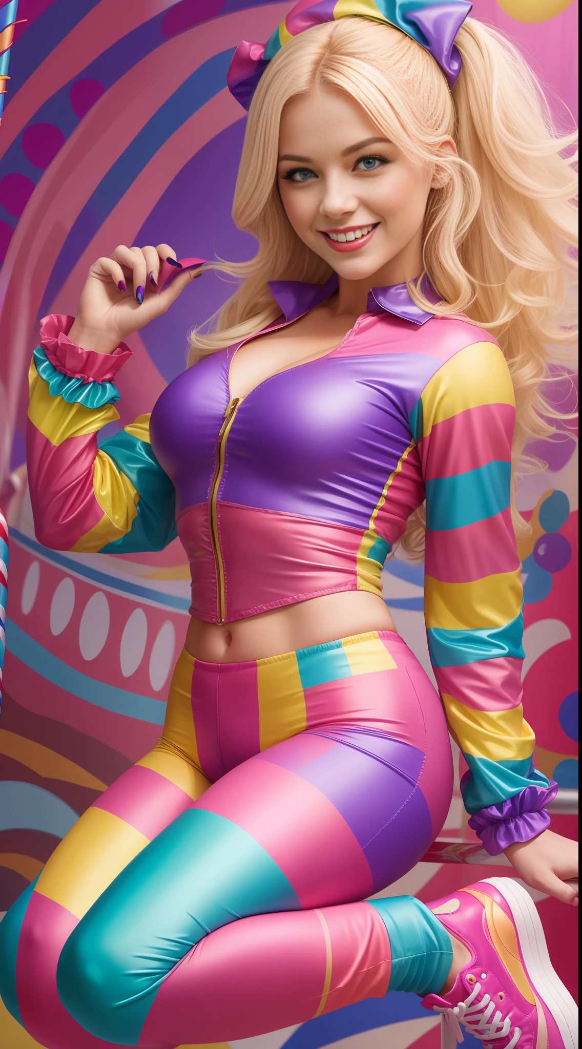 Woman, 22 years old European, blond, wearing a tight colourful pink clown suit, smiling, on a circus, Sunny, pink shoes