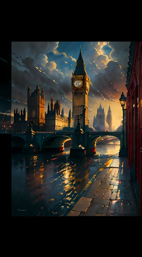 A beautiful painting of a London in spring , meaningful scene that is moody in the style of Thomas Kinkade ,HD 4k , seamless tex...