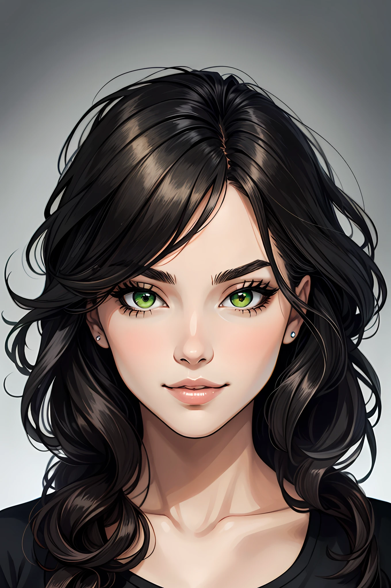(highly quality, Masterpiece, absurdres), Portrait of a Young Woman, black  hair, Wavy Hair, length hair, thin eyebrows, beatiful face, Green eyes, slight smile, long dark eyelashes, plump beautiful lips, female focus, Casual clothing, Detailed Face, Simple background,