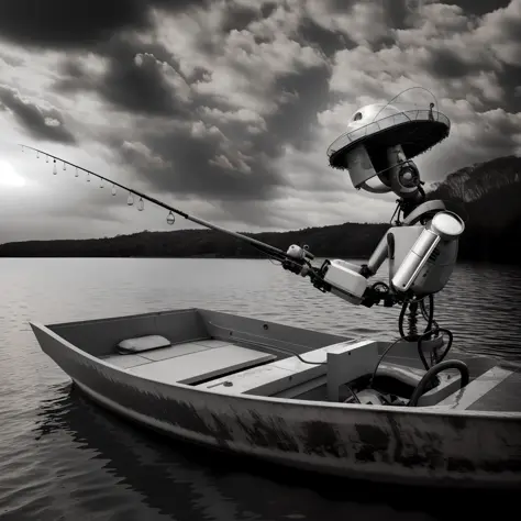 arafed robot sitting in a boat with a fishing pole, the robot has a fishing  rod, robot photography, pirate robot, robot pirate - SeaArt AI