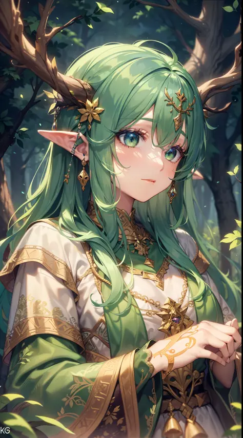 (Very detailed 8K wallpapers), medium plan,mythical_beings forest spirits male humanoid horns green_eyes, leaves, Antlers, folkl...