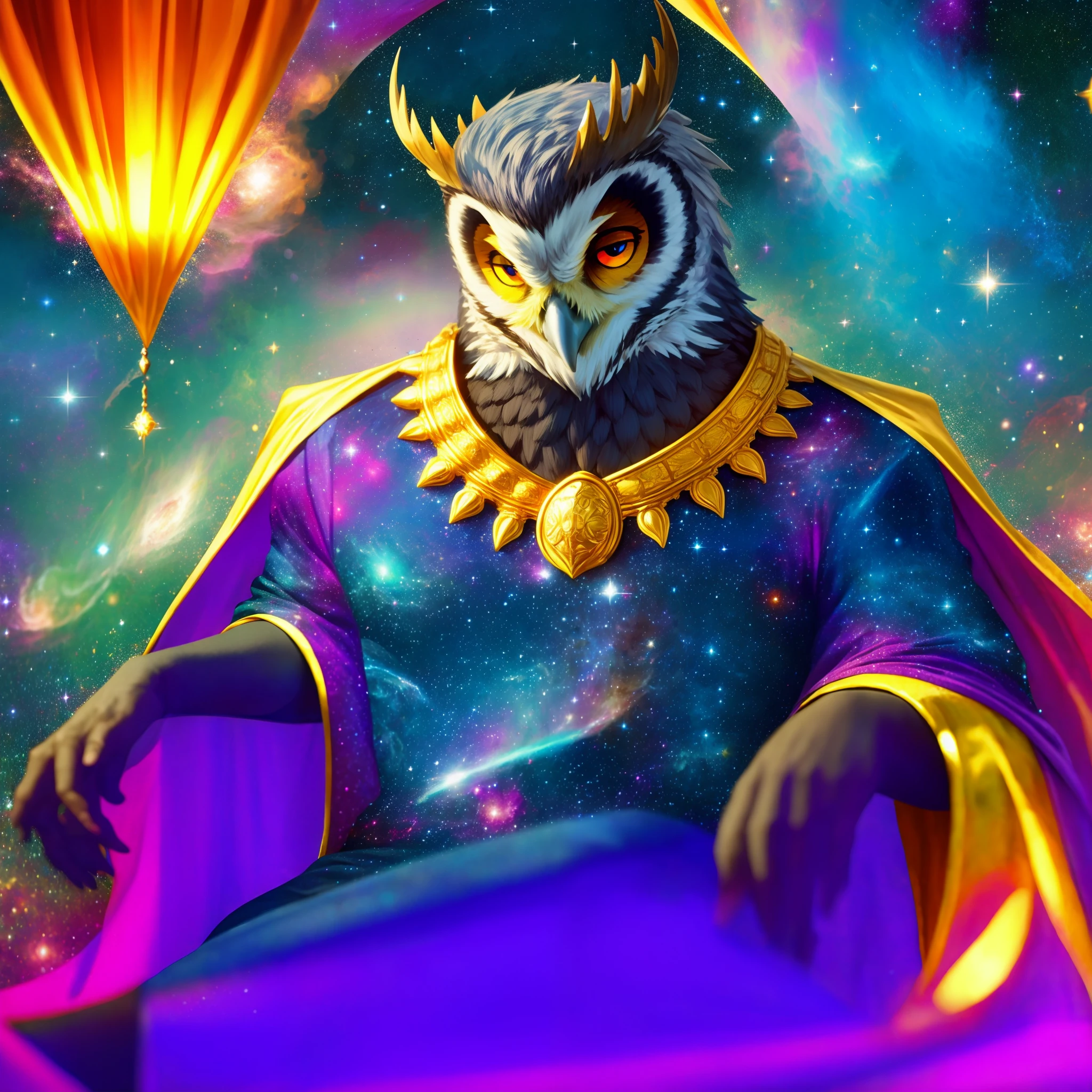 Humanoid black horned owl, male, purple eyes, long eyebrows, black skinny hands, loose clothes, galaxy clothes, long collars, galaxy cape, purple pants, golden crown, in a palace, galaxy curtains, among the stars, sitting on a throne, solo, cowboy shot, masterpiece