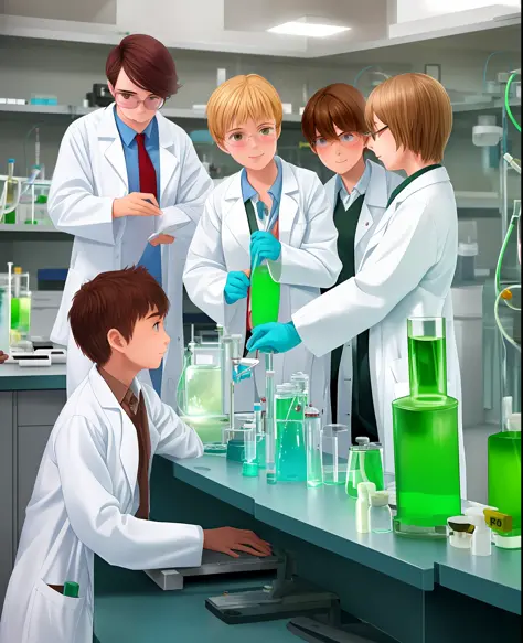 Two boys and one girl scientist in a white lab coat working in a cluttered laboratory