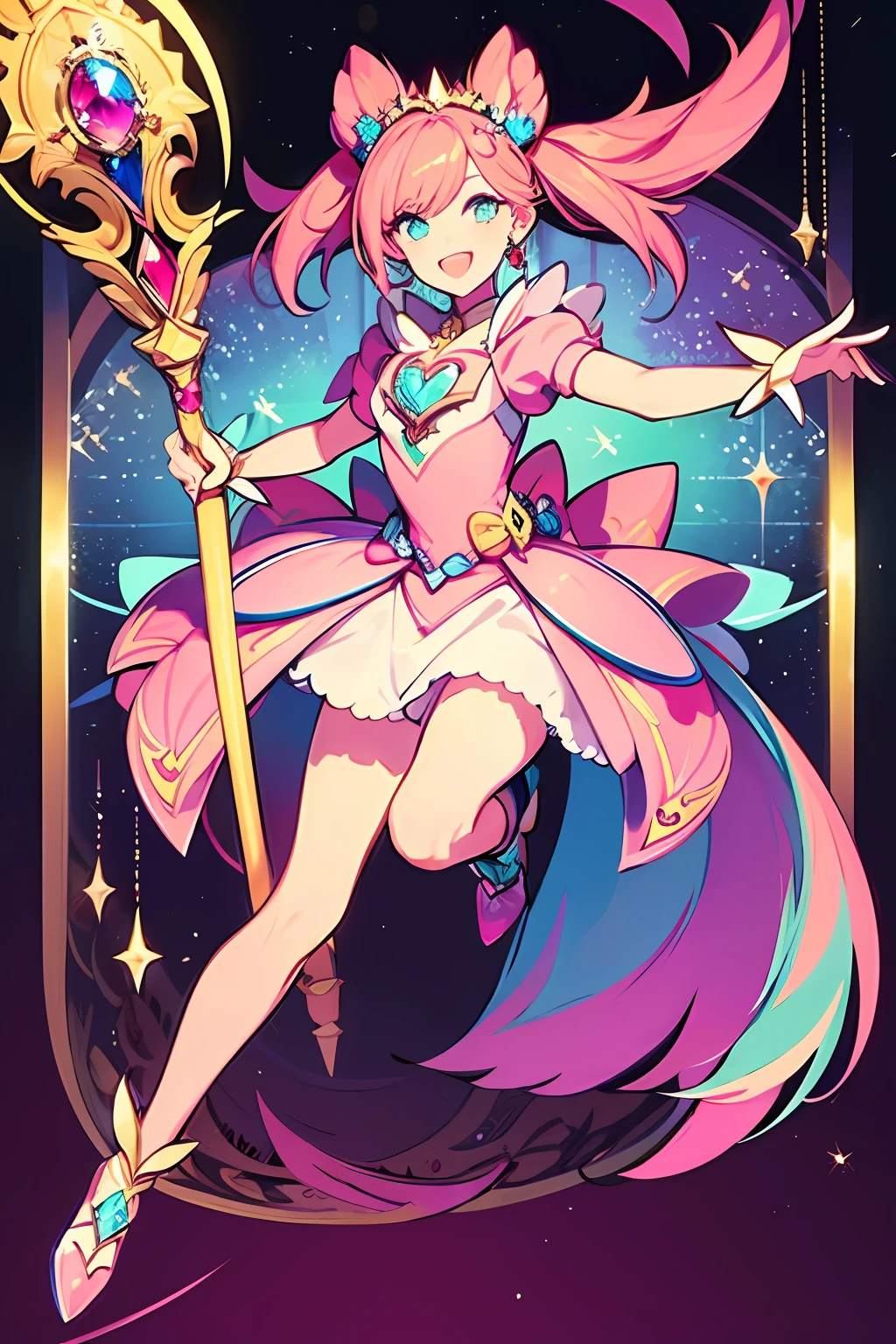 masterpiece, best quality, 1girl, magical girl, pink hair, detailed pink dress, blue and yellow pattern, colorful gems, colorful crystals, a magical girl staff, vivid colors, light smile, full body