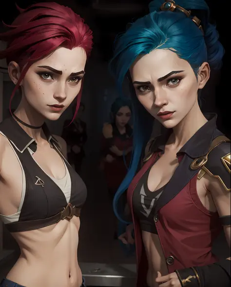 2 mulheres de costas uma para a outra, uma garota tem cabelos curtos e vermelha. E outra tem garota de cabelo azul. Vi e Jinx