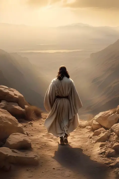 Epic Biblical depiction of Jesus Christ walking down a dirt road into a valley, masterpiece, best quality, He stands all alone, ...