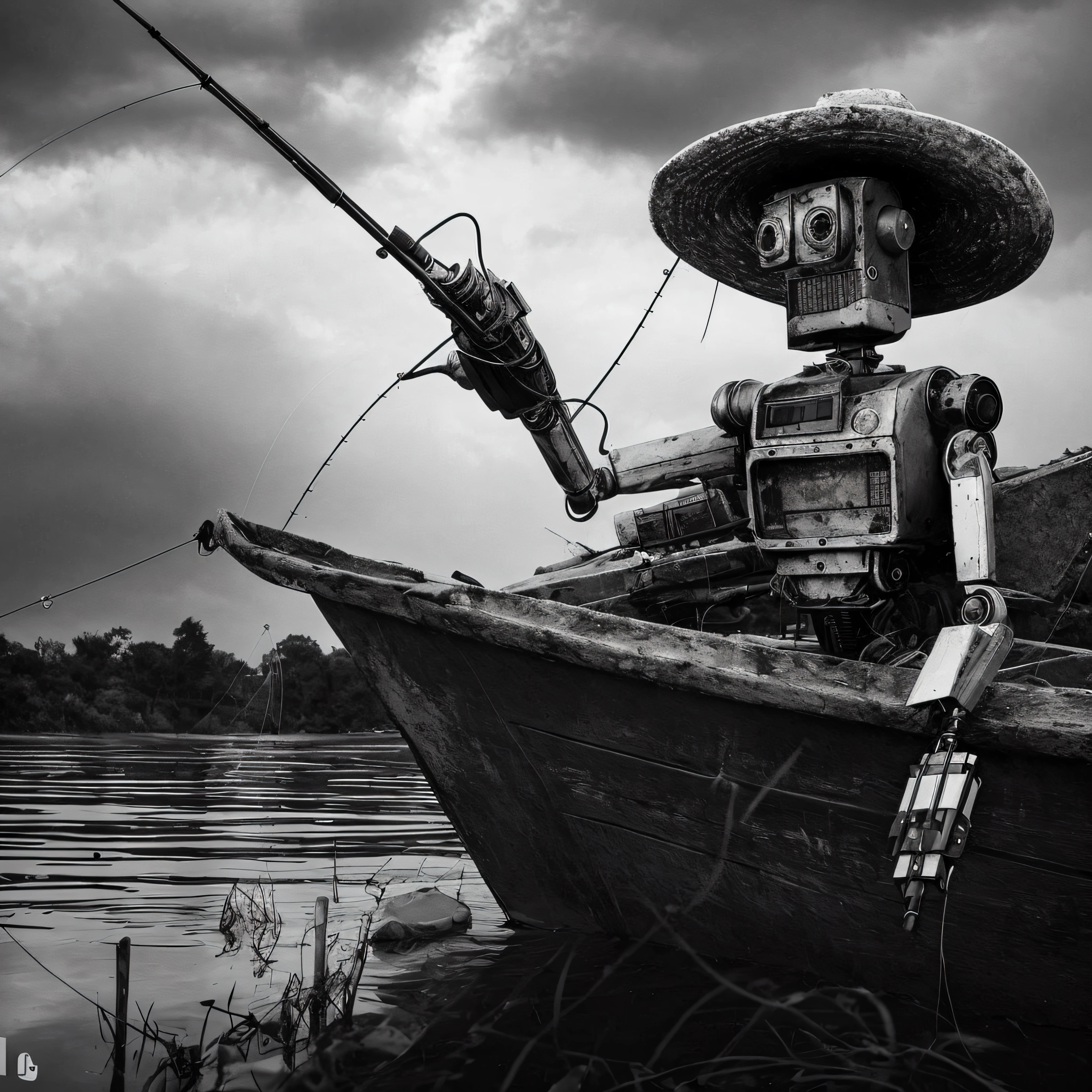 arafed robot sitting in a boat with a fishing pole, the robot has