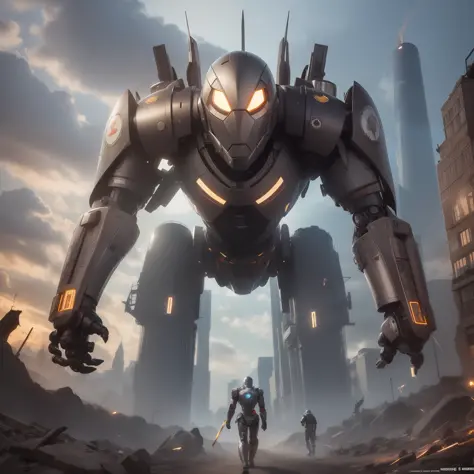 Robot 7 meters, Compo completo, Metallic armor shaped like a scorpion, rosto assustador, an iron scorpion syrup, um humano encarando frente a frente o robo