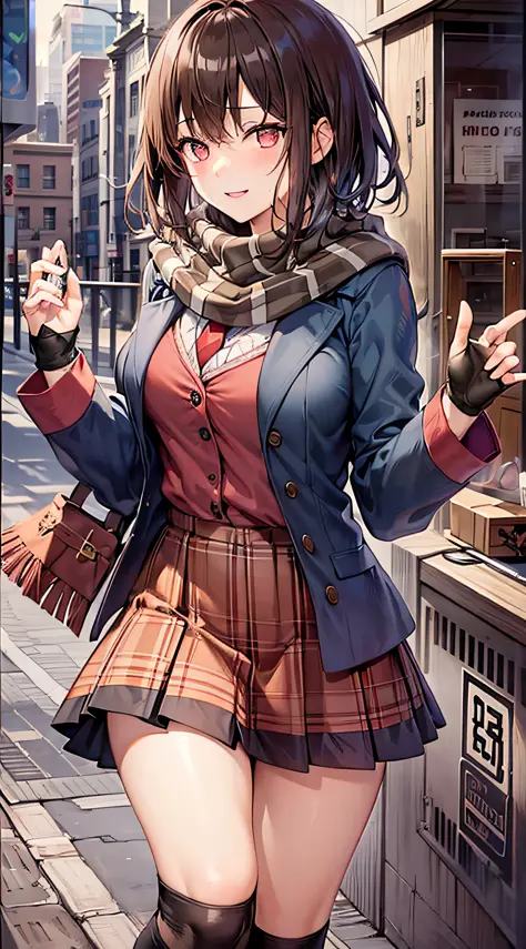 artificial life form, brown hair, cheerful, kneehighs, pleated skirt, red eyes, scarf tie, school uniform, short hair