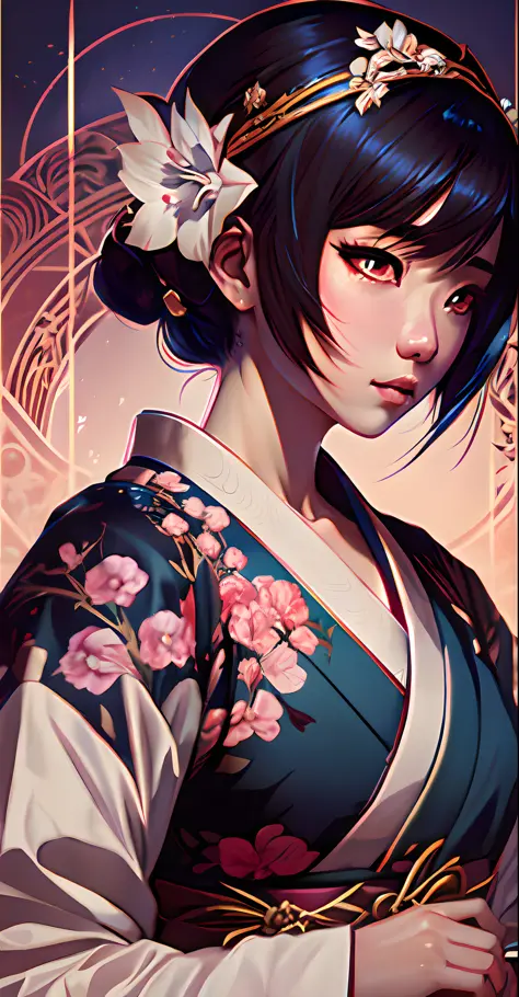 onmyoji,Japanese woman, hyper-detailing, warm tones, intricate details, volumetric, art by Iliya Kuvshinov, a glaring eyes