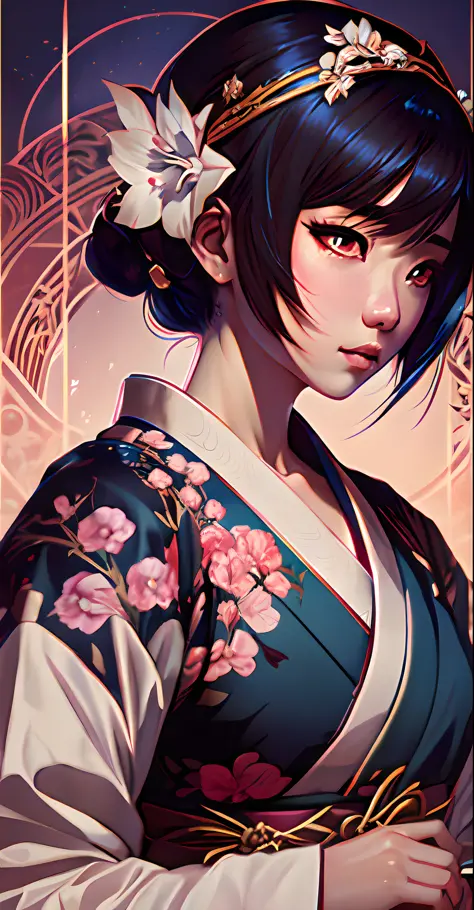 onmyoji,japanese woman, hyper-detailing, warm tones, intricate details, volumetric, art by iliya kuvshinov, a glaring eyes