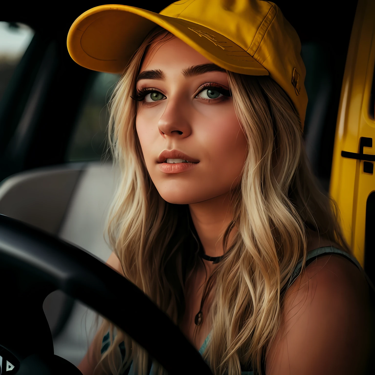 Blonde woman with yellow cap sitting in a yellow truck, yellow cap, mulher amarela bonita, mulher loira, Modelo colombiana, mulheres loiras, wearing a chocker and cute hat, driving, foto de uma mulher bonita, blonde girl, mulher linda, with hat, Beautiful woman, Bom modelo, Retrato de um Bom modelo, modeling photography