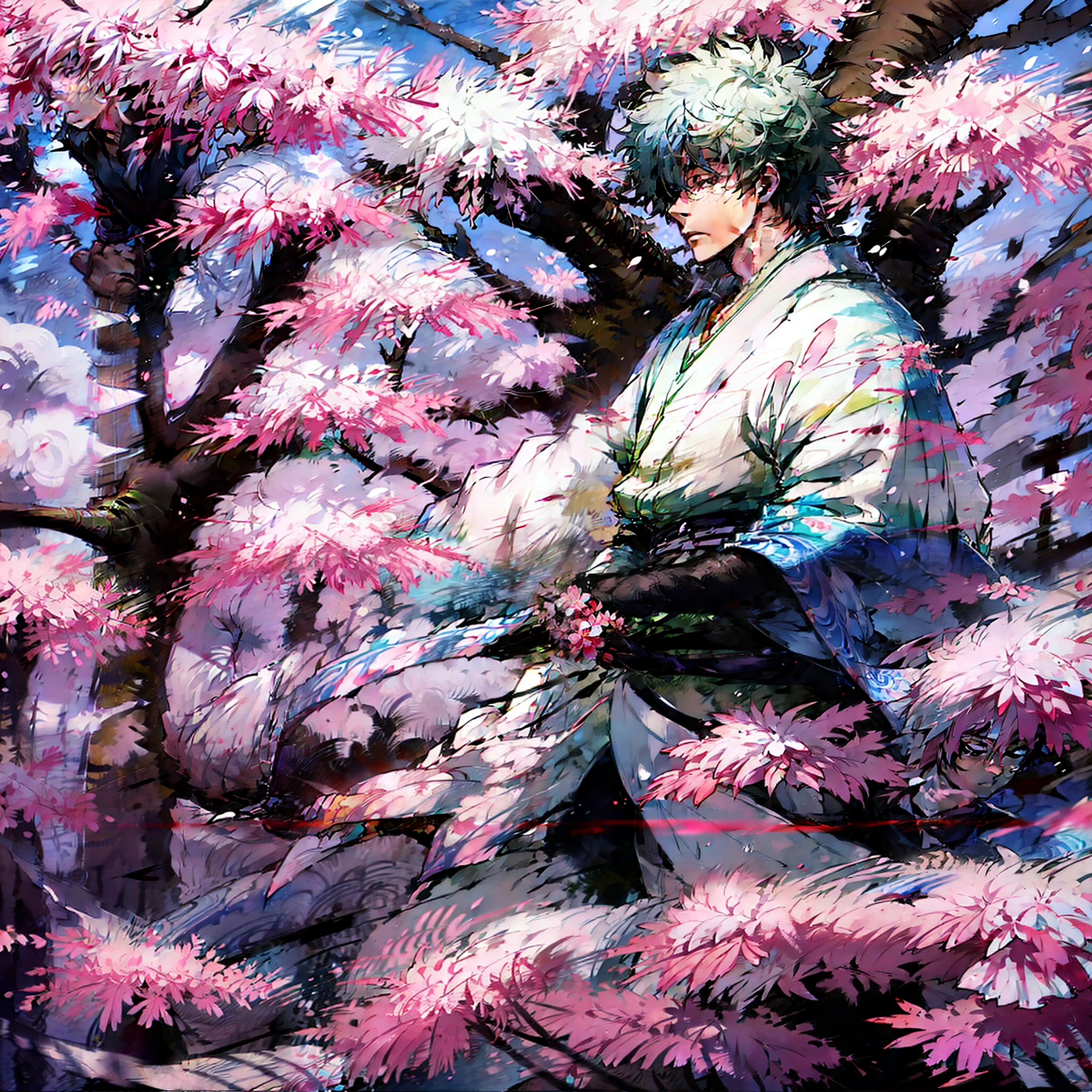 Gintoki, samurai outfit, meadow sakura trees, Melancholic atmosphere