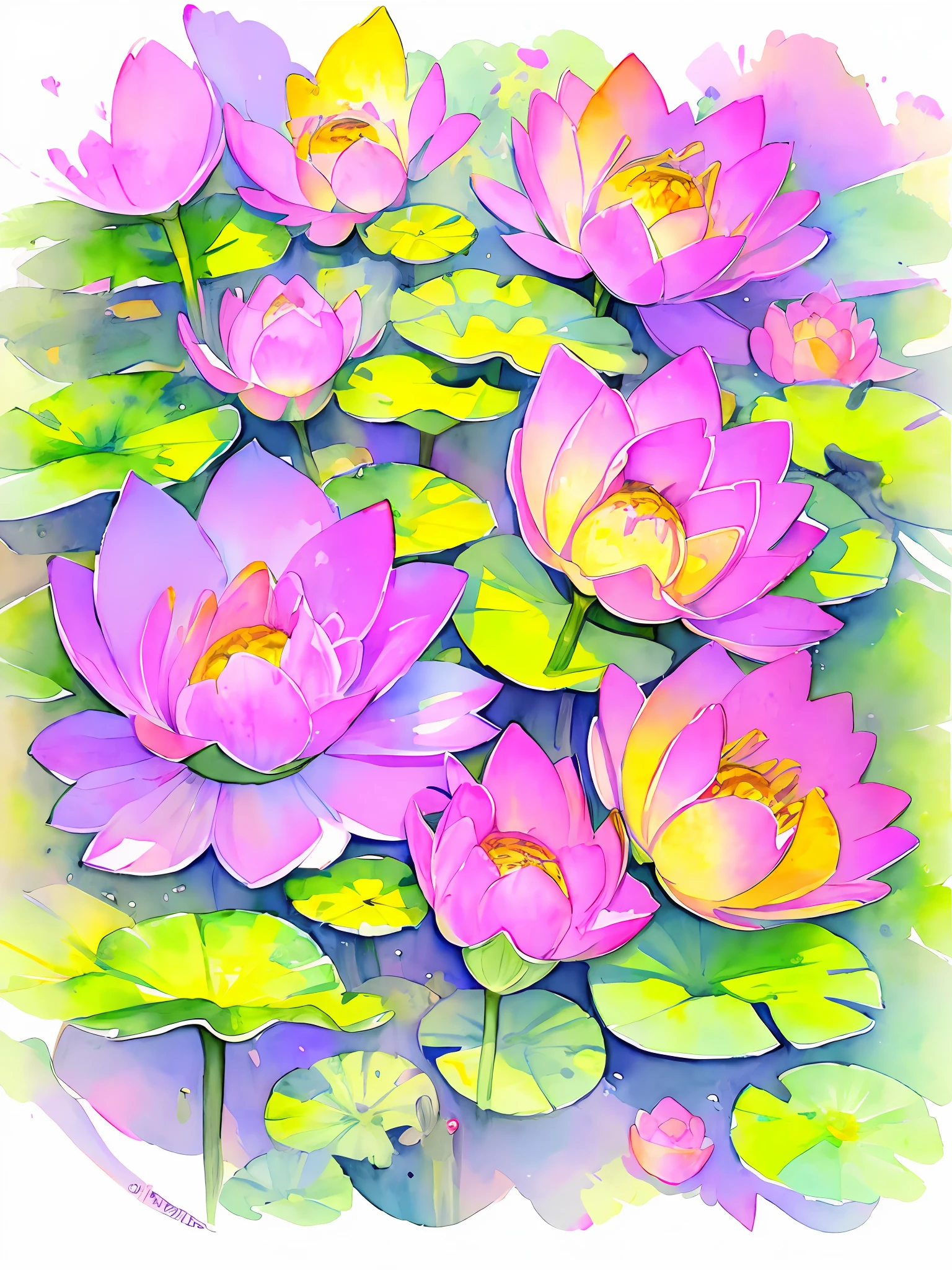 top view lotus flowers on the water surface, highly detailed render, concept art, depth of field, bokeh, octane render, sunny mystical atmosphere Elemental flowers, 32k, watercolor