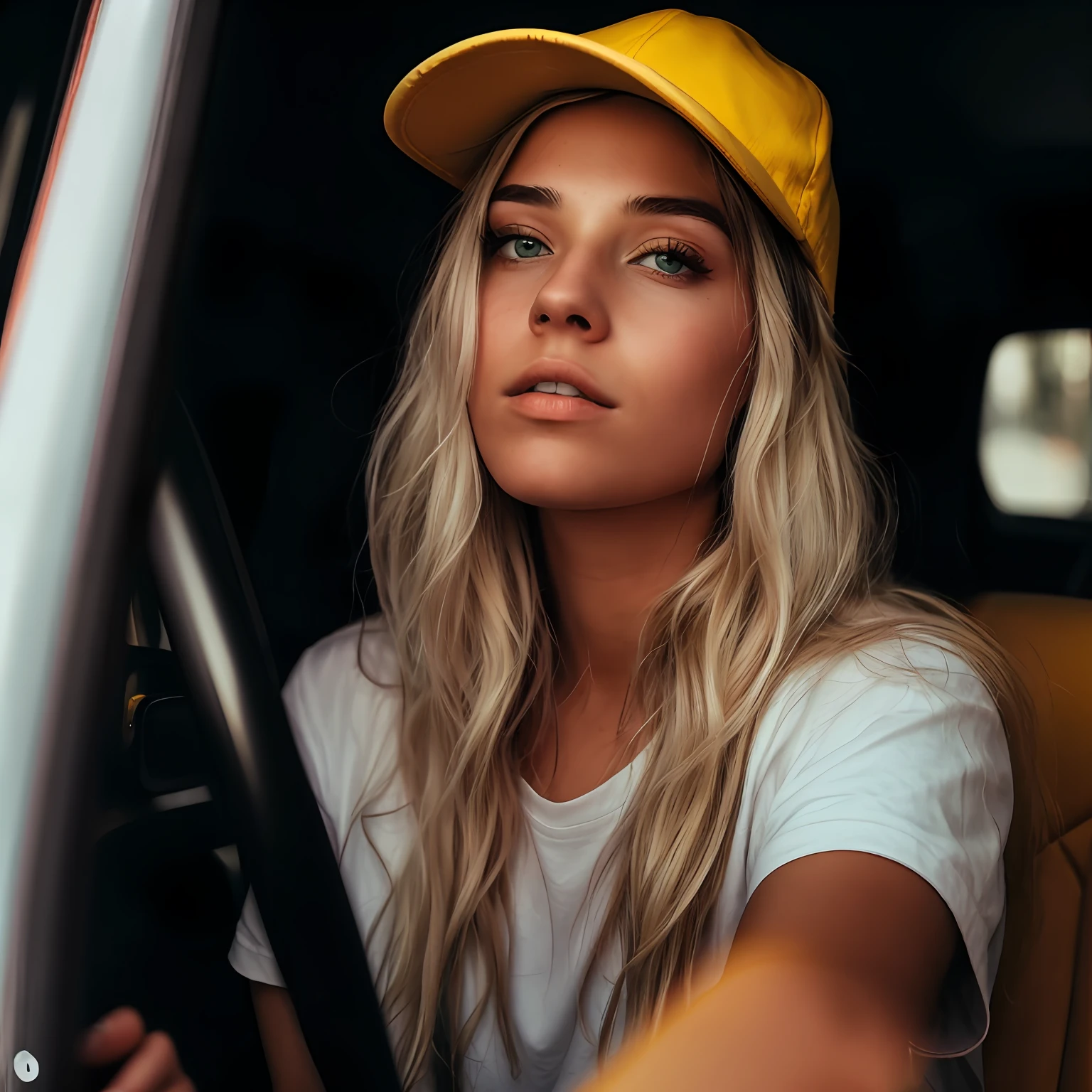 blonde woman with blue eyes in a yellow hat driving a car, mulher loira, yellow cap, sentada em seu carro, Fotografia Editorial, mulher amarela bonita, mulheres loiras, athletic fashion photography, Modelo do Instagram, modeling photography, 🤤 retrato da menina, 8k artistic portrait photography, foto de uma mulher bonita, blonde girl, driving, with hat, wearing baseball cap, mulher sueca loira