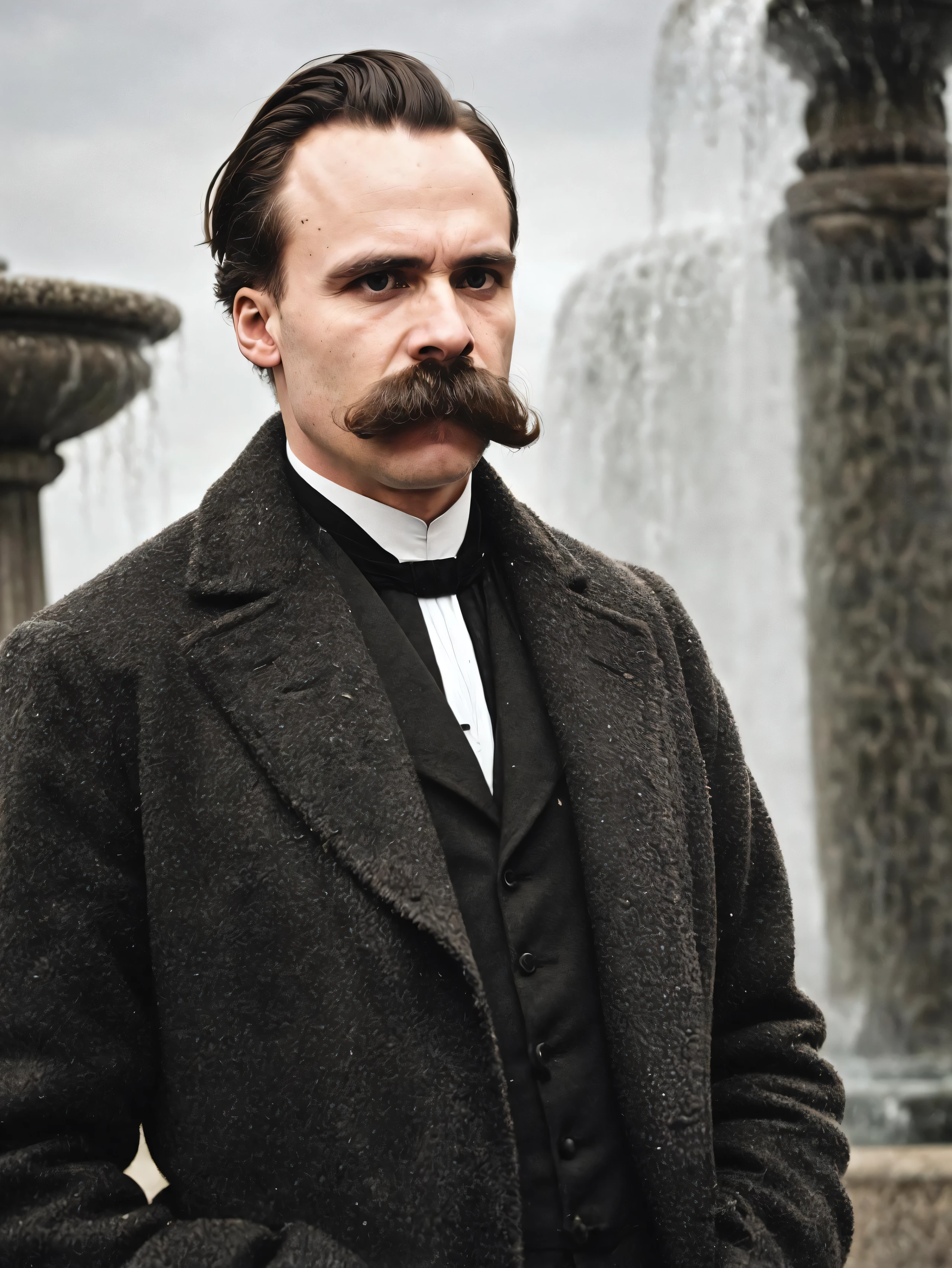 friedrichnietzsche, thick moustache, forehead, coat, white shirt, (standing by the fountain:1.1), (intricate details:0.9), (hdr, hyperdetailed:1.2), (natural skin texture, hyperrealism, soft light, sharp), (intricate details:0.9), (hdr, hyperdetailed:1.2), (natural skin texture, hyperrealism, soft light, sharp)
