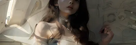 Instagram selfie-style realistic photos、She is illuminated by the sunset light coming in through the window。Young Japan woman with Leonardo da Vinci sketch in the background、Beautiful black hair、beste-Qualit, realisitic, a photorealistic, beste-Qualit, шед...