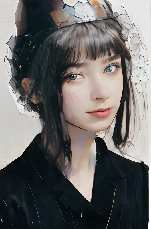 Realistic portrait photography、Painting of a young woman wearing a tubular black hat on her head,  Realistic photo of woman with blue clear eyes Portrait of half body,  beste-Qualit, realisitic, a photorealistic, beste-Qualit, шедевр, extremely delicate and beautiful, richly detailed, finedetail, The ultra-detailliert, A high resolution, richly detailed, realisitic, The ultra -The high-definition, beste-Qualit, The ultra -The high-definition, High-quality textures