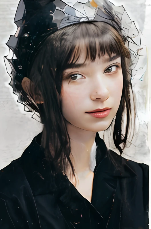 Realistic portrait photography、Painting of a young woman wearing a tubular black hat on her head,  Realistic photo of woman with blue clear eyes Portrait of half body,  beste-Qualit, realisitic, a photorealistic, beste-Qualit, шедевр, extremely delicate and beautiful, richly detailed, finedetail, The ultra-detailliert, A high resolution, richly detailed, realisitic, The ultra -The high-definition, beste-Qualit, The ultra -The high-definition, High-quality textures, Have a formula in the background, Math formulas and graphs laid out on the background、Mathematician woman、Portrait of the goddess of mathematics