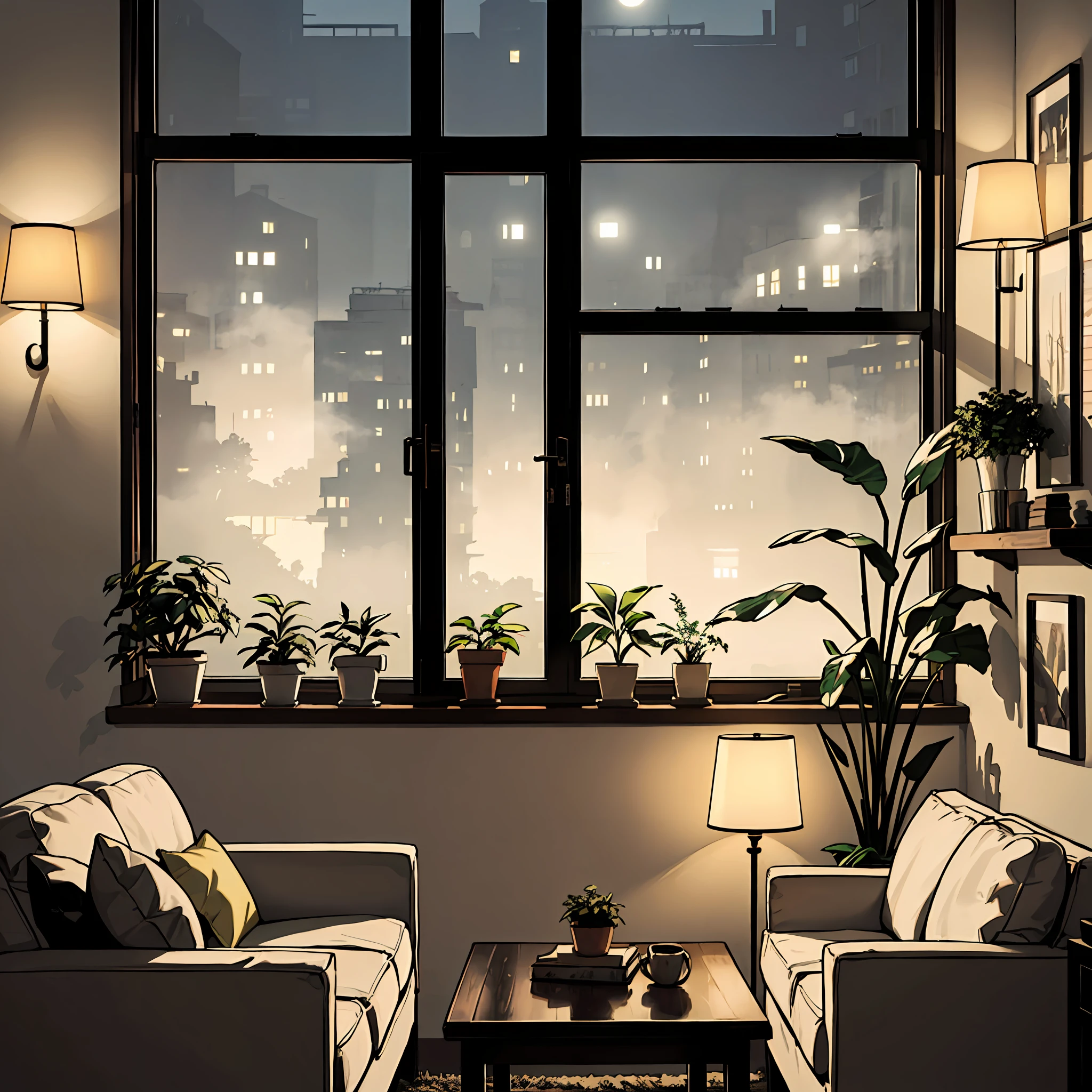 midcentury modern living room dimly lit with dark ฝนตก evening outside, (foggy ฝนตก evening:1.2), แปซิฟิกตะวันตกเฉียงเหนือ, (แสงสลัว:1.4), (แสงอารมณ์:1.2), พืช, large พืช, ฝนตก, สัตว์ประหลาด, many พืช, (หน้าต่างมีหมอก:1.2), ผลงานชิ้นเอก, คุณภาพดีที่สุด, ชั่วโมงพลบค่ำ, (ตอนกลางคืน:1.4), ฝนตก evening, หลังพระอาทิตย์ตก, --อัตโนมัติ