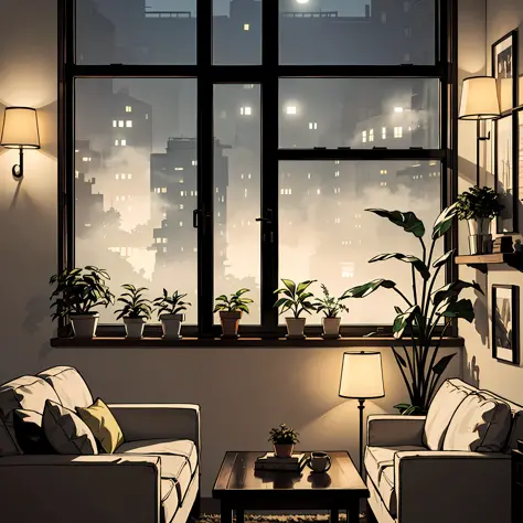 midcentury modern living room dimly lit with dark rainy evening outside, (foggy rainy evening:1.2), pacific northwest, (dim ligh...