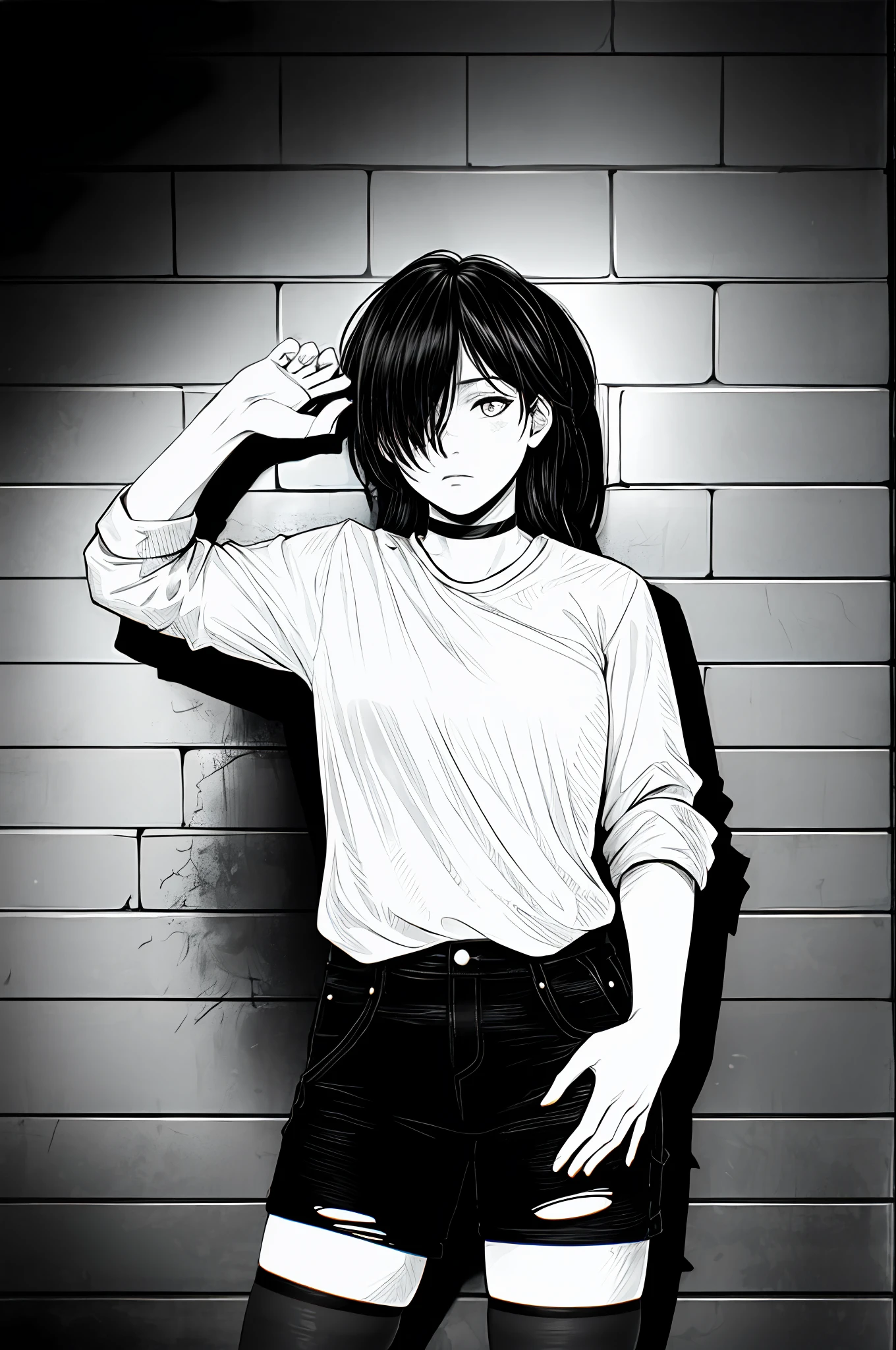 best quality, intricate details, lineart, monochrome,

1girl, long hair, black hair, messy hair, hair over one eye, sharp eyes, 

choker, shirt, torn legwear, open jacket, 

against wall, brick wall, graffiti, dim lighting, alley