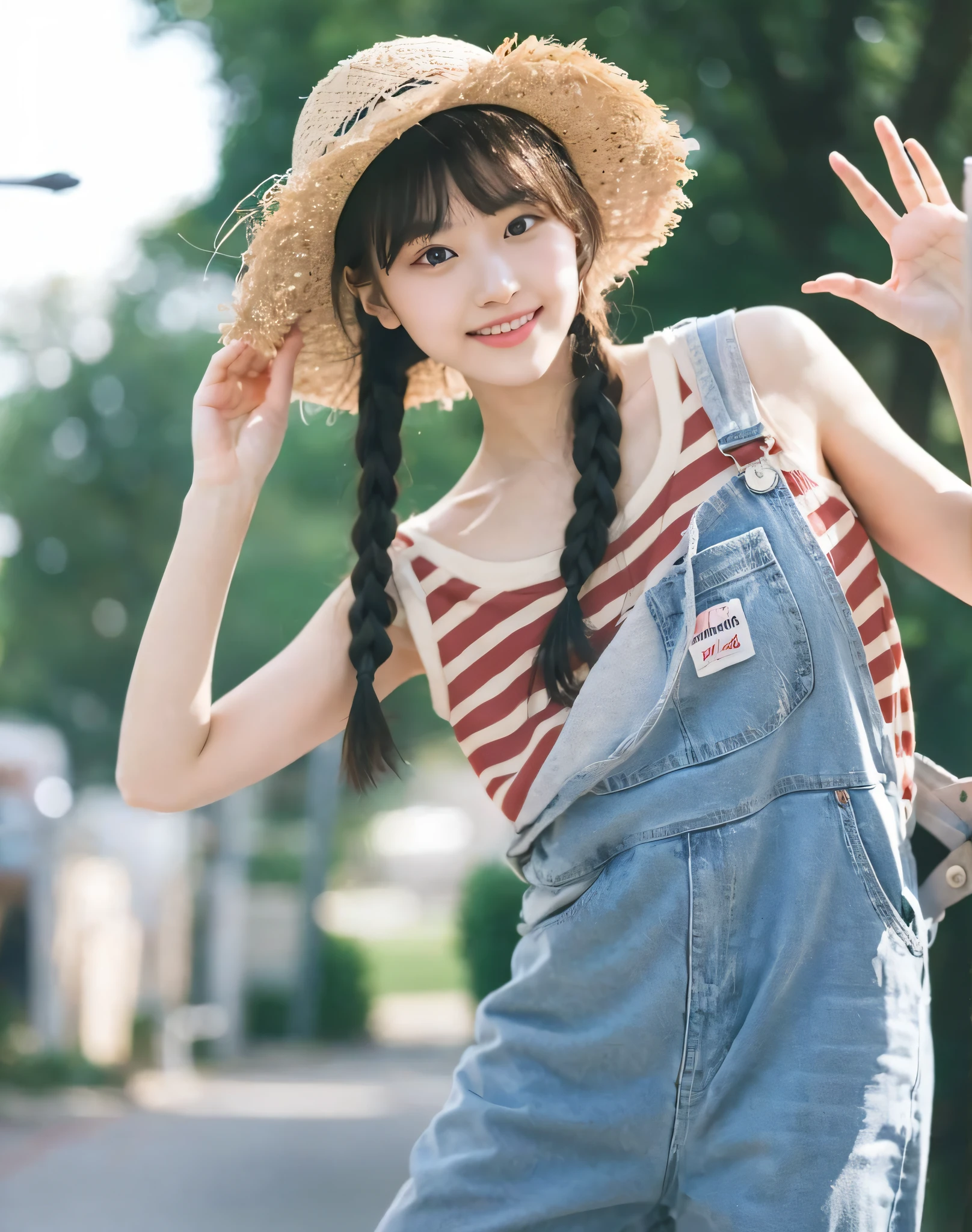 (Masterpiece)), (Best Quality), (detailed), 1 girl, 18 years old, playful expression, medium breasts, long hair, beautiful, natural, not exposed, alafi woman with baseball bat in straw hat and overalls, straw hat, a cute young woman, anime girl in real life, young cute girl in straw hat, Chinese girl, straw hat and overalls, attractive girl, cute thin face for girl, cute young woman, cute - fine face, Cute young girl