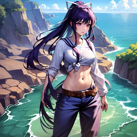 a masterpiece of、beste-qualit、hi-res、女の子1人、独奏、asymmetrical clothing、a navel、purple eye、extra very long hair、tied shirt、abdominal...