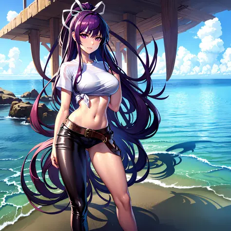 a masterpiece of、beste-qualit、hi-res、女の子1人、独奏、asymmetrical clothing、a navel、purple eye、extra very long hair、tied shirt、abdominal...