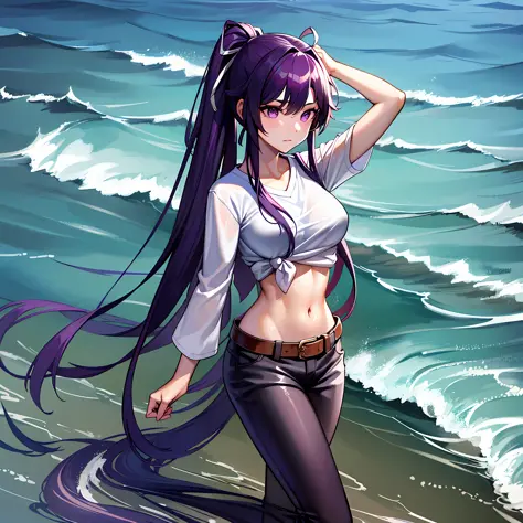 a masterpiece of、beste-qualit、hi-res、女の子1人、独奏、asymmetrical clothing、a navel、purple eye、extra very long hair、tied shirt、abdominal...