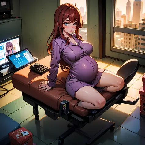 A pregnant catgirl giving birth in hospital wearing maternity suit