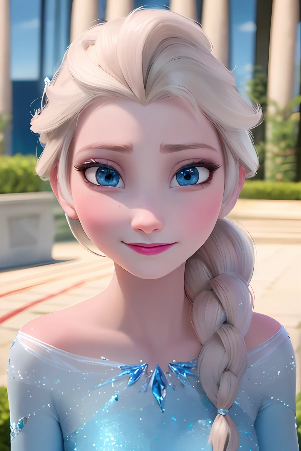 (Masterpiece:1.4), (Best Quality:1.4), (High resolution:1.4),Elsa of Arendelle, ice blue dress, single braid, They are smiling, close up