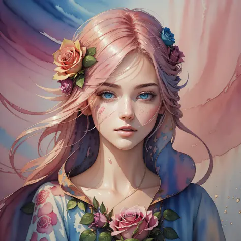 image of a woman with pink hair and blue dress holding a bouquet of flowers, slightly dizzy blue eyes, fine face, beautiful rend...