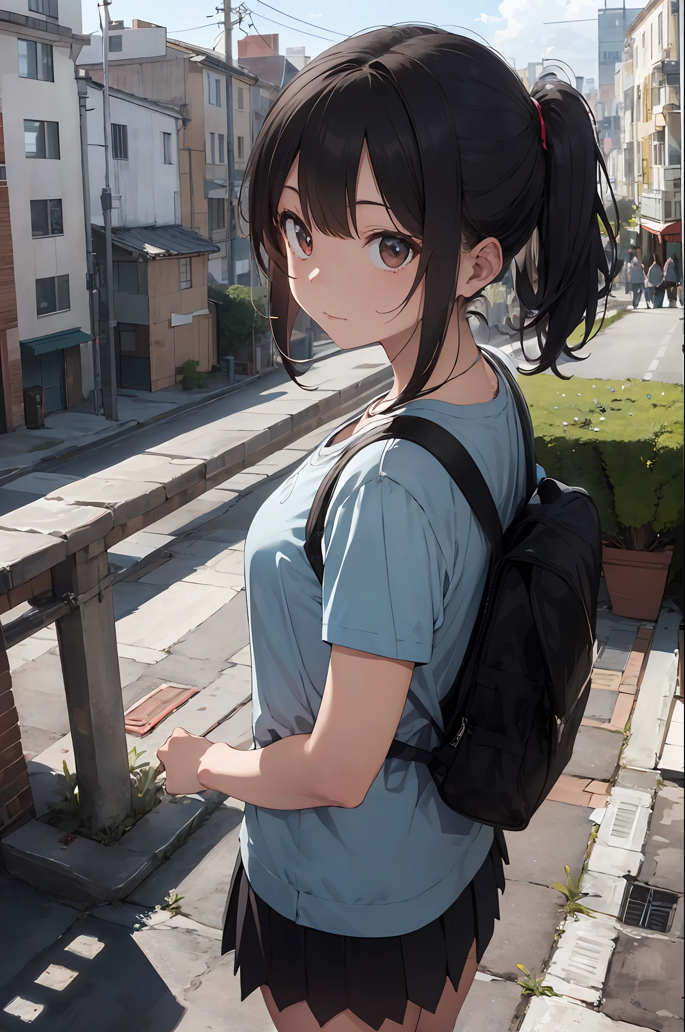 Anime girl with backpack standing on a city street in front of a ...