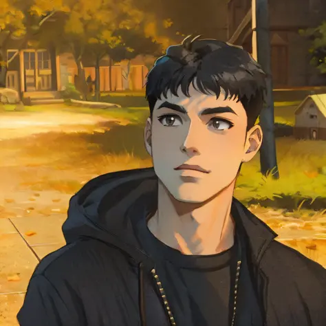 anime boy in black hoodie staring at camera with house in background, Arte no estilo de Guweiz, Digital anime illustration, esti...