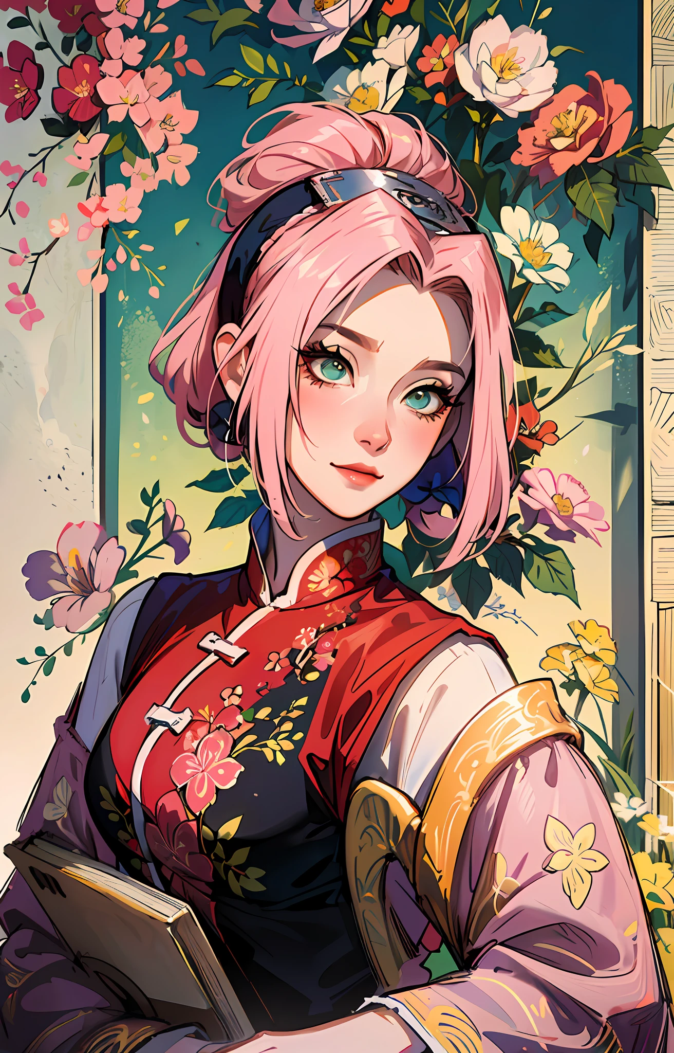 Masterpiece artwork, best qualityer, giorno, plein-air, festivals, celebrating, 1womanl, 独奏, mulher Madura, Madura, Chinese Style, ancient China, sister, royal sister, glad, Grinning, silver white long haired woman, gray blue eyes, handcuffed hair, bangss, pink peach flower on head, light pink lips, white outfit, pink  hair, fully body, slim, pretty, dainty