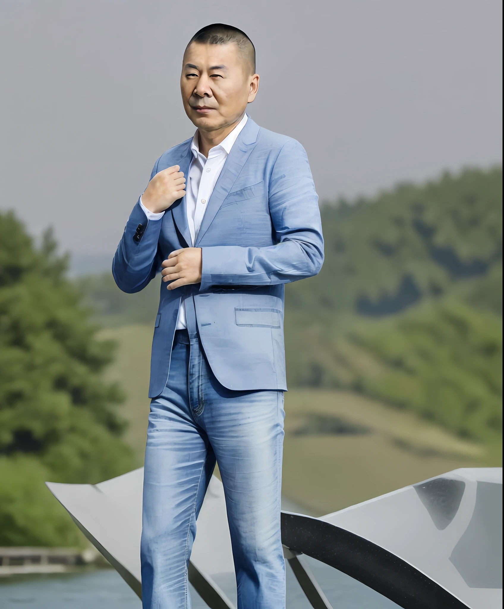 masterpiece, best quality,RAW portrait photo of a man,chengjianbin,age up,(1man),wearing(wet-shirt,blue jeans),looking at viewer,rain on face,hand on hip ,outdoor,raining,lake in background