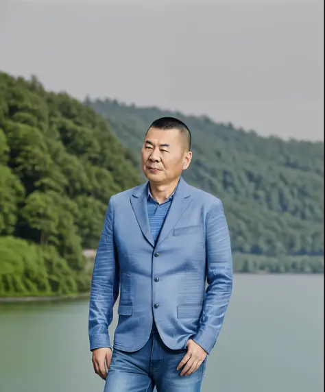 masterpiece, best quality,raw portrait photo of a man,chengjianbin,age up,(1man),wearing(wet-shirt,blue jeans),looking at viewer...