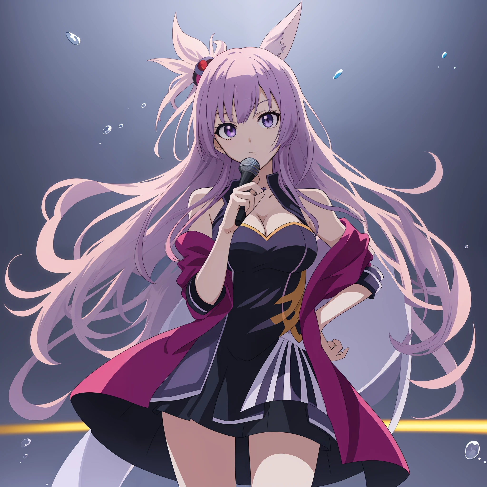 anime girl with long hair and dress holding a microphone, nightcore, anime moe artstyle, official artwork, with index finger, hololive, splash art anime loli, high detailed official artwork, anime visual of a cute girl, anime style 4 k, best anime 4k, anime art wallpaper 8 k, sexy, fit, skinny, medium breasts, purple hair, athletic pose, seductive pose, cleavage