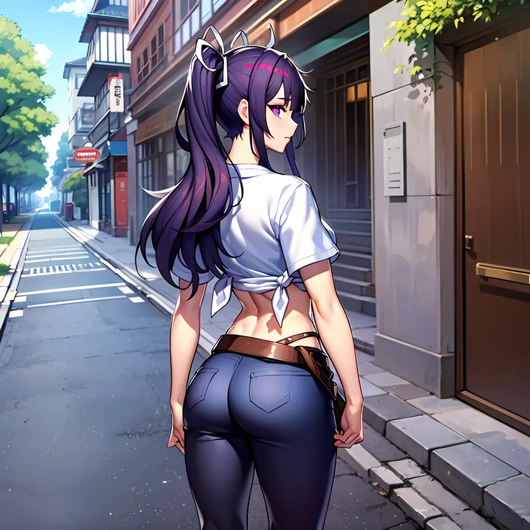 a masterpiece of、beste-qualit、hi-res、kaori1、女の子1人、独奏、scabbarded、asymmetrical clothing、navel、purple eye、extra very long hair、tied...