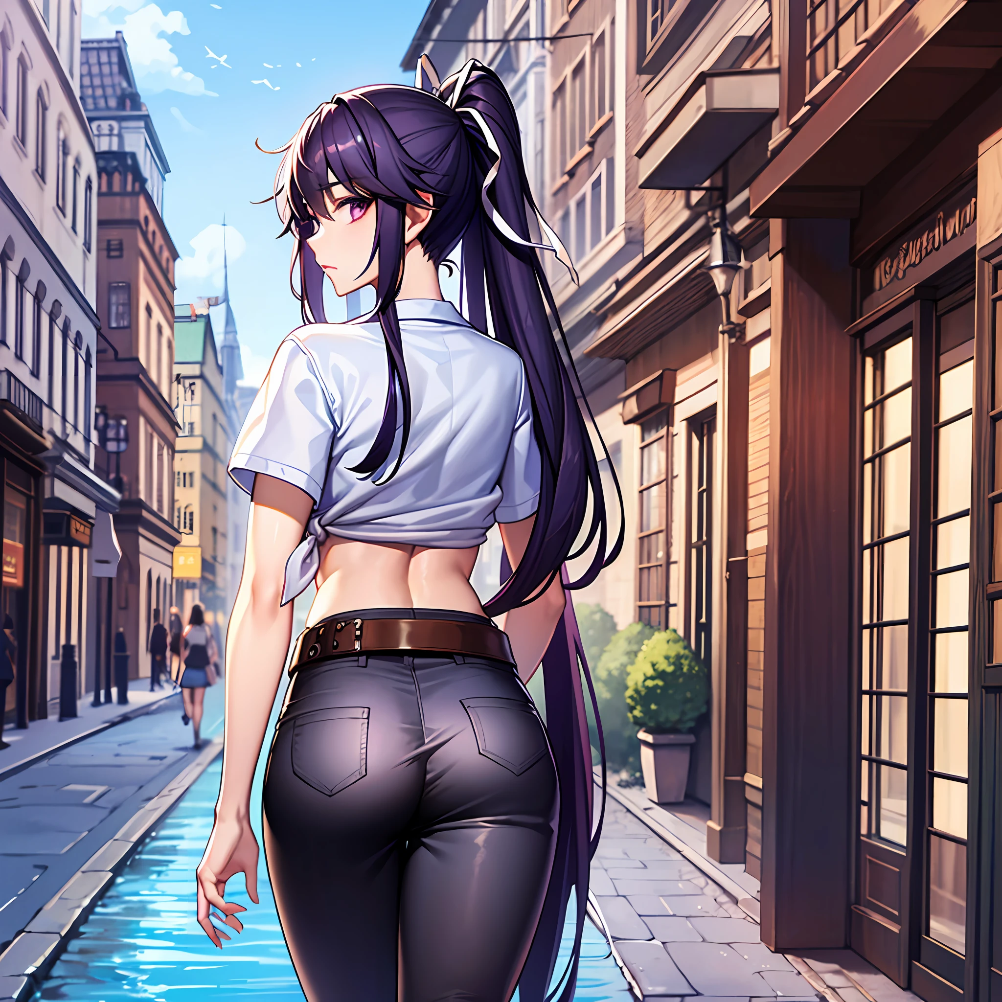 a masterpiece of、beste-Qualit、Hi-Res、kaori1、女の子1人、独奏、Scabbarded、Asymmetrical clothing、navel、Purple Eye、extra very long hair、Tied shirt、abdominals、Hair ribbon、Single Pants Leg、White shirt、poneyTail、black-haired、hugetits、JINS、White ribbon、brown belt、purple color  hair、Asymmetrical legwear、s ass、from behind and be、is standing、plein air、high street　the ocean