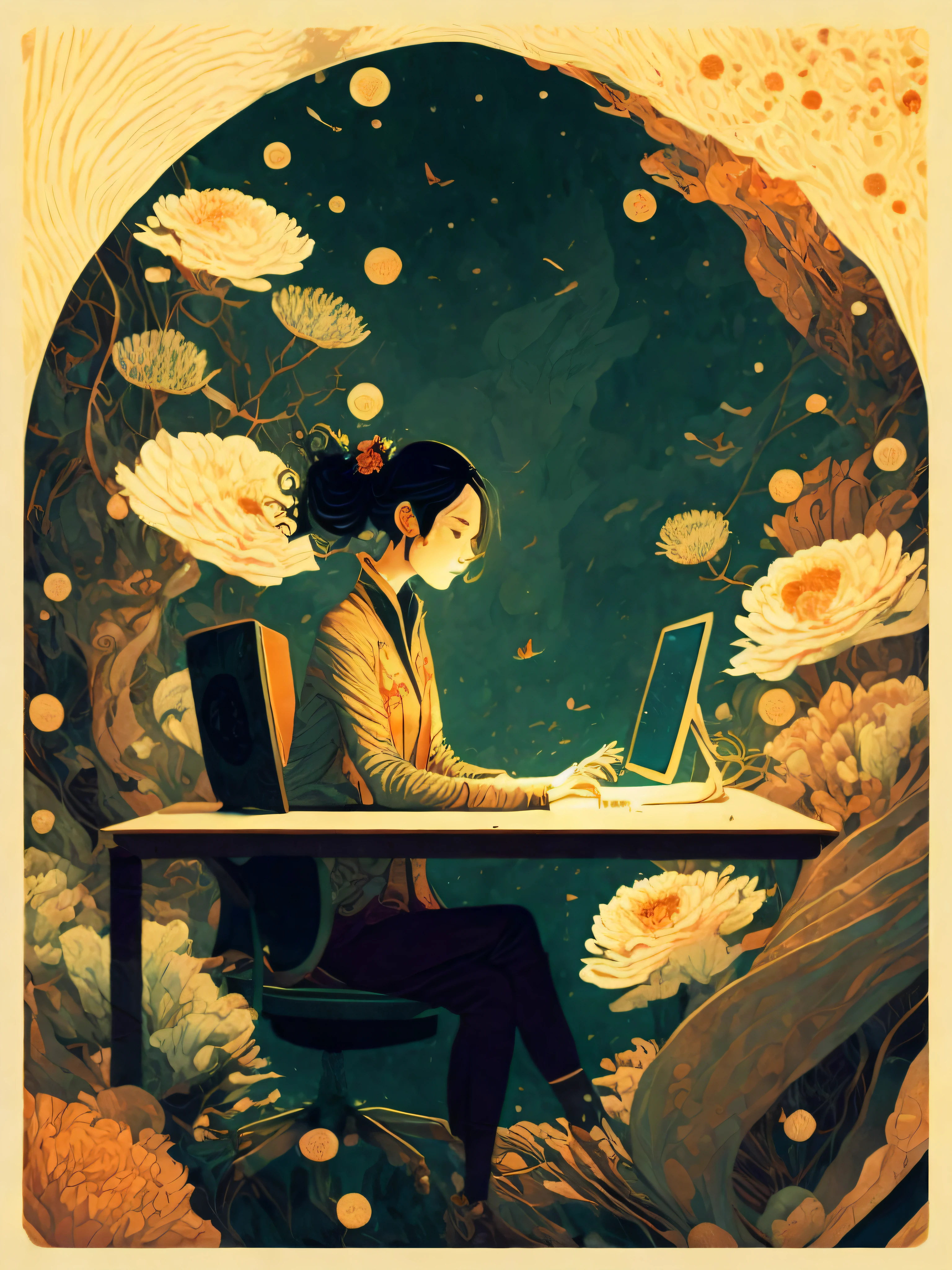 una mujer sentada en un escritorio frente a una computadora con un fondo floral de Victo Ngai